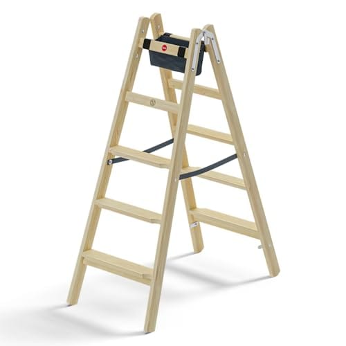 Hailo Master H80 - Leiter De Holz De Doppelstufe (2 X 5 Stufen, Beidseitig Begehbar, Ergonomische Stufen De 80 Mm, Holz De Kiefer Imprägniert, Stabile Verbindungen, Tasche De Werkzeug