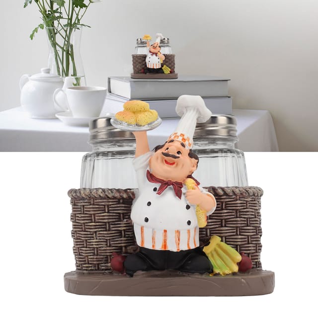 Dekorativer Saucenhalter Aus Kunstharz – 2 Glasflaschen – Lebendige Kochfigur Im Cartoon-stil – 7,5 X 10,9 X 10,2 Cm – Multifunktionale Küchendekoration