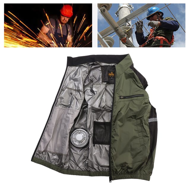 Xxl Persönliche Kühljacke Aus Olivgrünem Polyester Mit Abnehmbarem, Tragbarem Usb-ventilator Für Arbeit Und Wandern