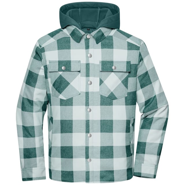 James & Nicholson Wattiertes Karohemd Mit Kapuze Jn1872 Gr. L Industrial-green/foggy-grey