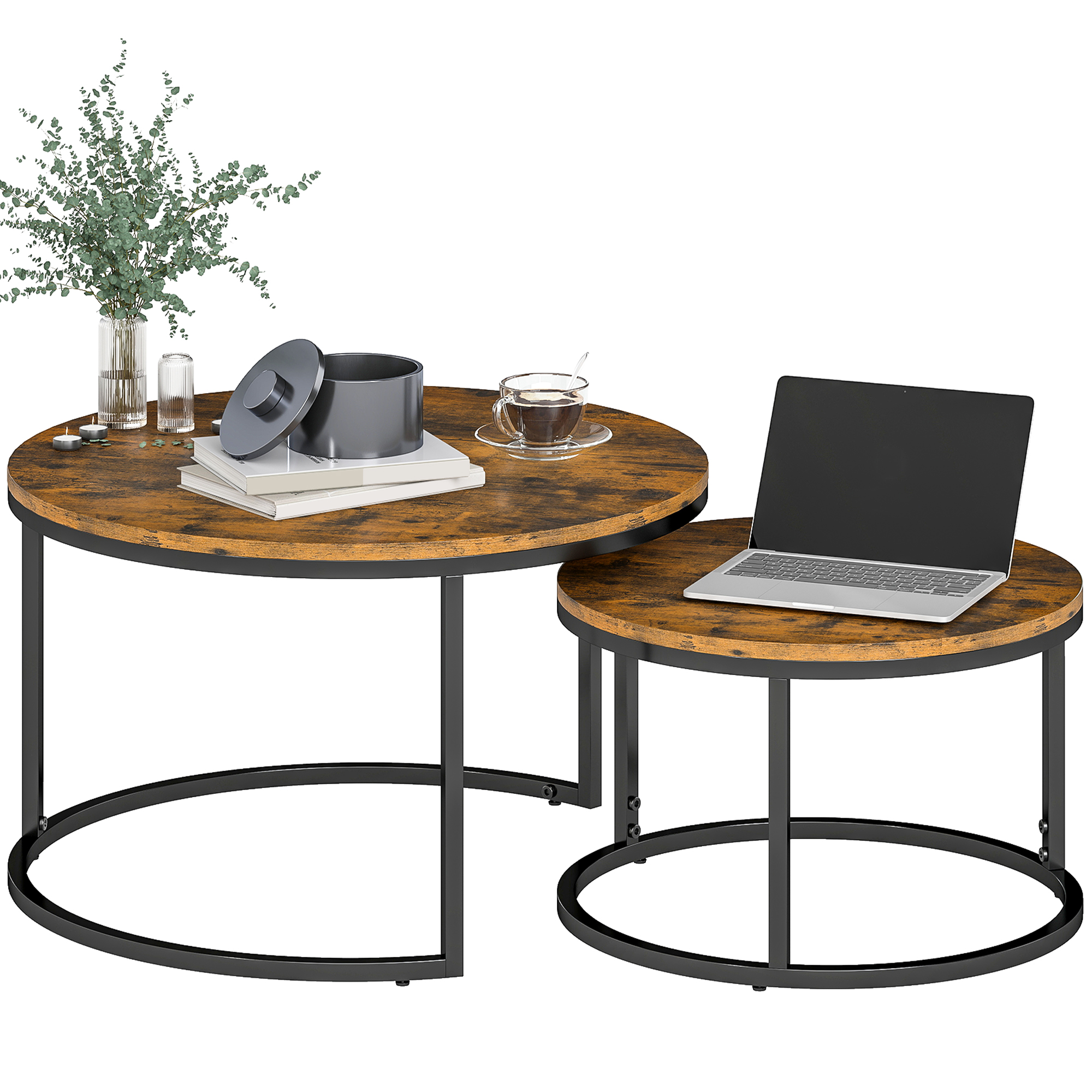 Set Aus 2 Stapelbaren Beistelltischen Im Industriedesign Mit Einer Tischplatte In Betonoptik Und Rustikalen Braunen Metallbeinen.