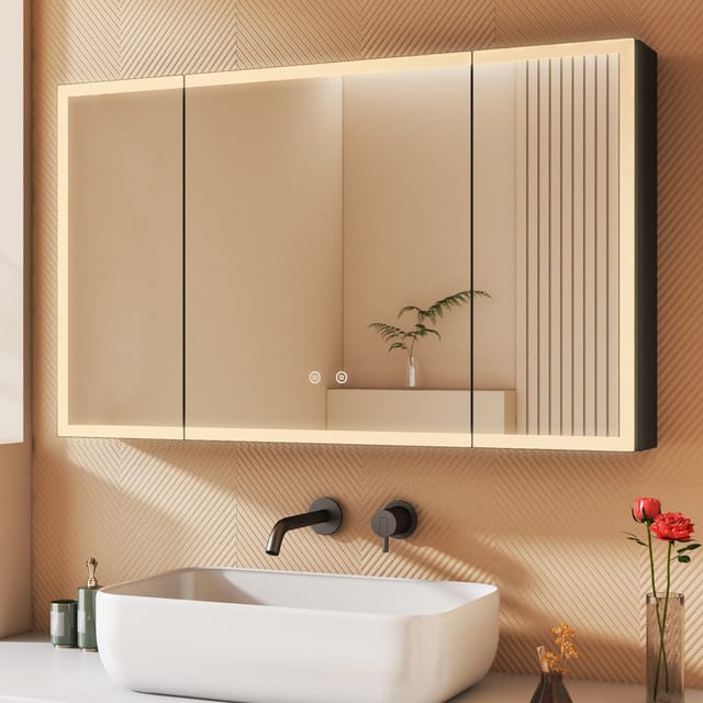 100 X 60 Cm 3 Türen Spiegelschrank Bad Mit Beleuchtung Led Spiegelschrank Mit Beleuchtung Badspiegel Schwarz Mit Beleuchtung Badschrank Hängeschränke Mit 3 Einstellbare Lichtfarben Beschlagfrei, Schwa