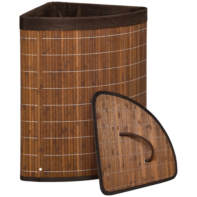 Eck-wäschekorb Aus Bambus, 55 L, Mit Deckel Und Herausnehmbarem Beutel, 38 X 38 X 57 Cm, Braun