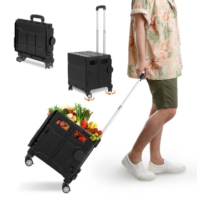 Jiubiaz 50l Einkaufstrolley Faltbar Mit Deckel, 4 Räder Box-einkaufswagen Für Einkauf Und Haushalt, Schwarz