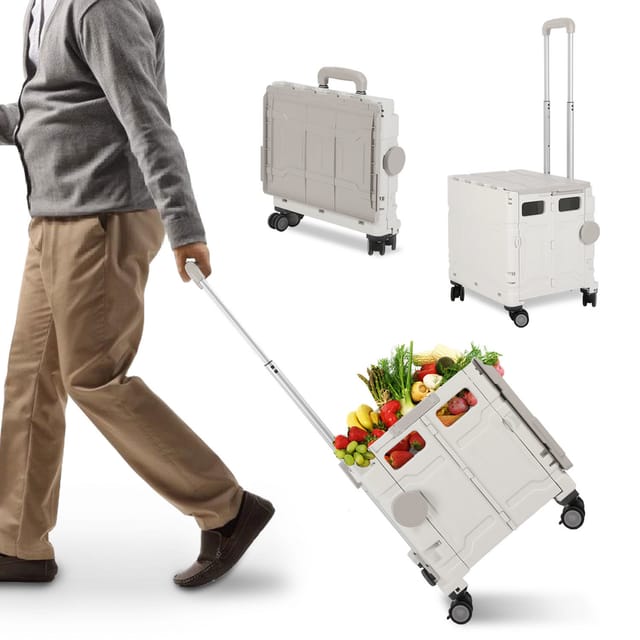 Jiubiaz 50l Einkaufstrolley Faltbar Mit Deckel, 4 Räder Box-einkaufswagen Für Einkauf Und Haushalt, Weiß