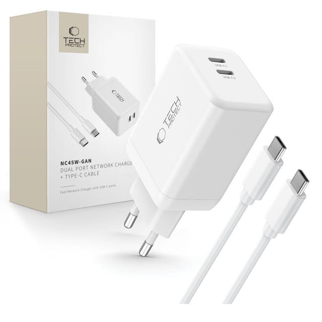 Tech-protect Nc45w-gan 2-port-netzwerkladegerät Pd45w + Typ-c-kabel Weiß