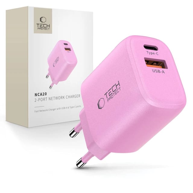 Tech-protect Nca20 Pd 20w Qc3.0 Usb-a / Usb-c Wandladegerät – Pink