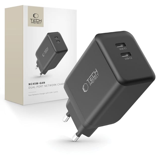 Tech-protect Nc45w-gan 2-port-netzwerkladegerät Pd45w Schwarz
