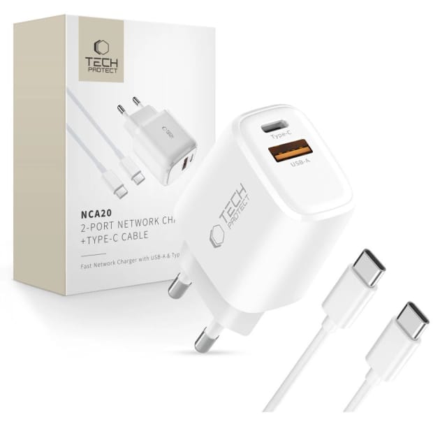 Tech-protect Nca20 Pd 20w Qc3.0 Usb-a/usb-c-wandladegerät + Usb-c/usb-c-kabel 100cm – Weiß