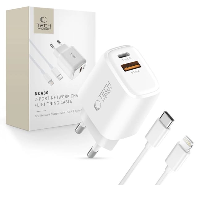 Tech-protect Nca30 Pd 30w Qc3.0 Usb-a/usb-c-wandladegerät + Usb-c/lightning-kabel 100cm – Weiß