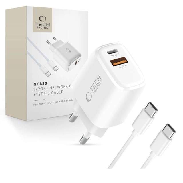 Tech-protect Nca30 Pd 30w Qc3.0 Usb-a/usb-c-wandladegerät + Usb-c/usb-c-kabel 100 Cm – Weiß