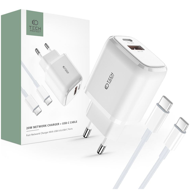 Tech-protect C20w 2-port-netzwerkladegerät Pd20w/qc3.0 + Typ-c-kabel, Weiß