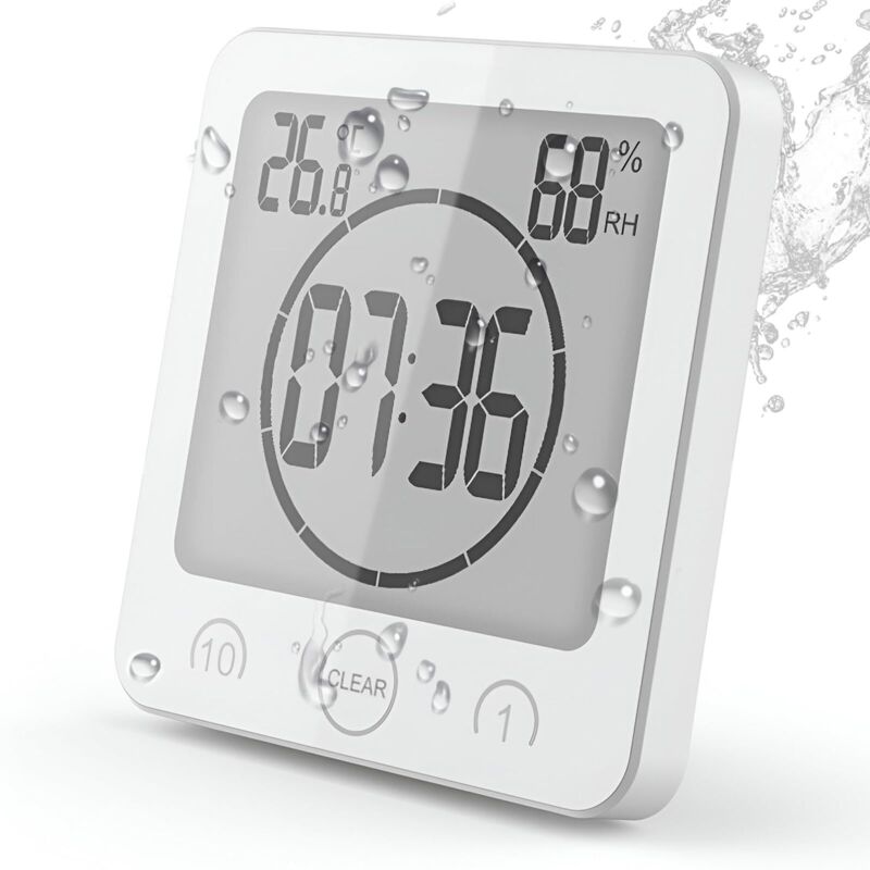 Wasserdichte Touchscreen-wanduhr Für Bad Und Küche Mit Digitalem Lcd-display, Wecker, Thermometer, Hygrometer, Weiß - Ulisem