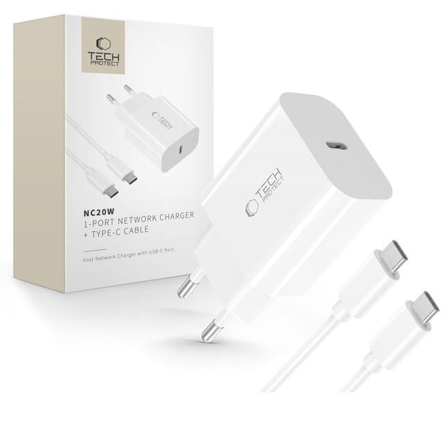 Tech-protect Nc20w 1-port-netzwerkladegerät Pd20w + Usb-c-kabel, Weiß