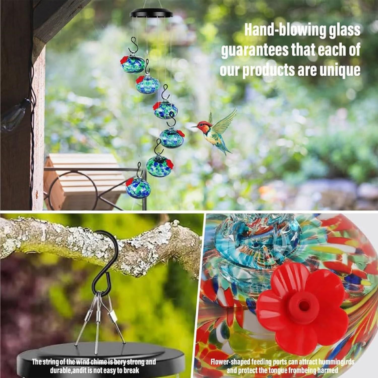 Hängender Kolibri-futterspender Mit Klangspiel, Wasserdicht, Ameisenfest, 6 Rote Silikonkugeln, Metall, Garten-/terrassendekoration