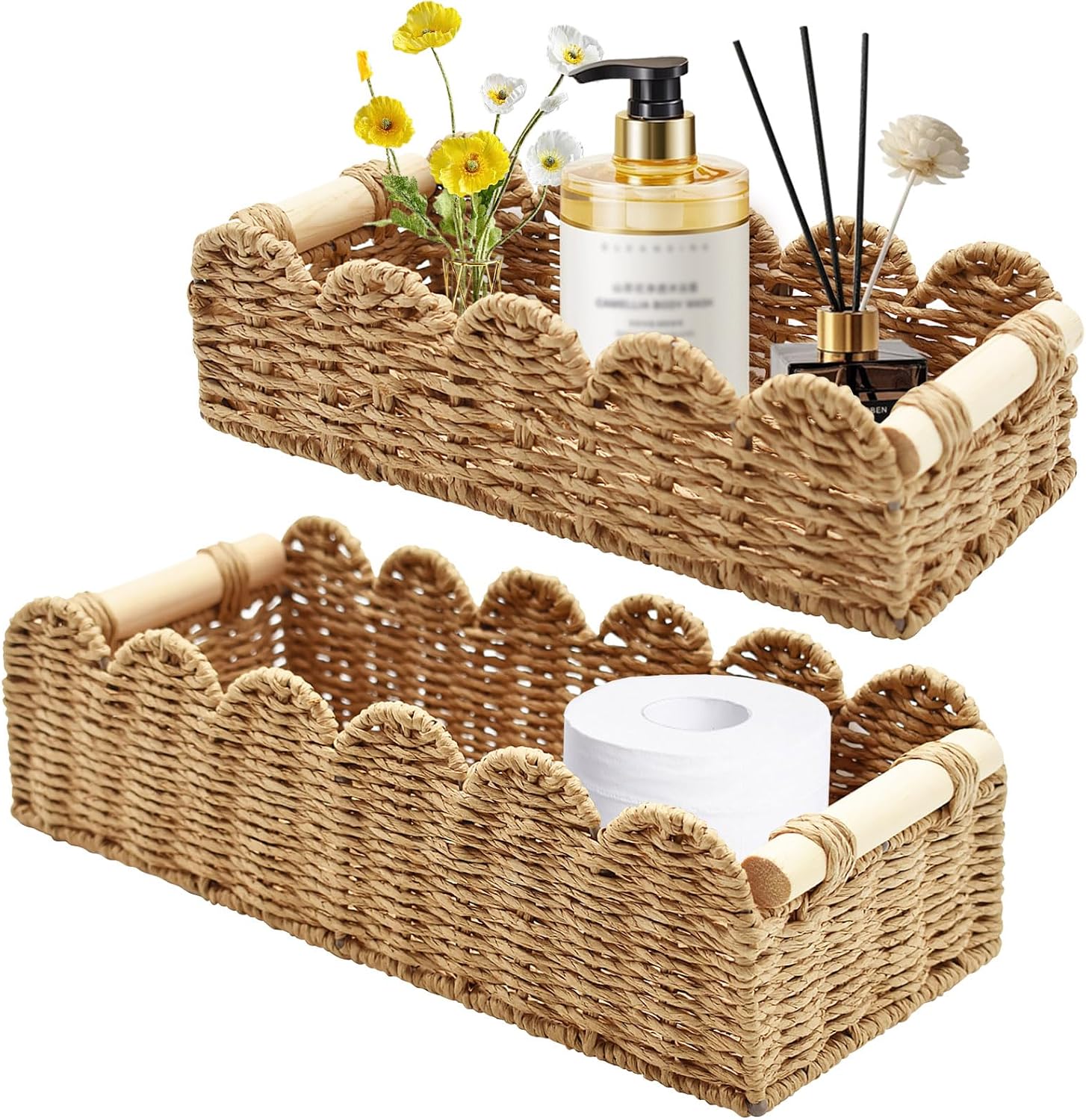 2-teiliger Aufbewahrungskorb Aus Weide, Gewebter Toilettenpapierhalter Mit Holzgriffen, Rattanbox Für Küche, Bad, Wohnaccessoires