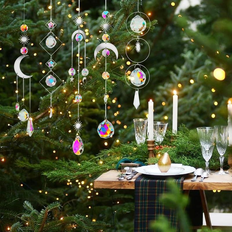 Set Mit 5 Kristall-sonnenfängern, Hängender Regenbogen-engel-anhänger, Sonnen-, Stern- Und Mondfänger Für Fenster, Schlafzimmer Und Garten, Weihnachten, Party, Hochzeit, Silber