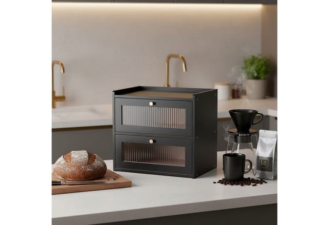 Relaxdays Brotkasten Bambus, 2 Etagen, Brotlade Mit Sichtfenstern, Klapptüren, Hbt: 34 X 36,5 X 24 Cm, Brotbox, Schwarz