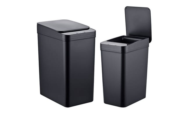 Relaxdays Mülleimer Mit Sensor, 2er Set, 9l & 15l, Elektrischer Deckel, Müllbeutelhalter, Pp, Abfalleimer Küche, Schwarz