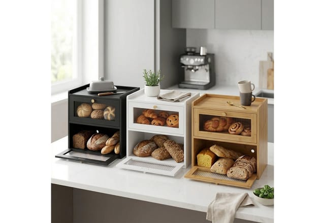 Relaxdays Brotkasten Bambus, 2 Etagen, Brotlade Mit Sichtfenstern, Klapptüren, Hbt: 34 X 36,5 X 24 Cm, Brotbox, Weiß