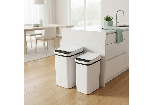 Relaxdays Mülleimer Mit Sensor, 2er Set, 9l & 15l, Elektrischer Deckel, Müllbeutelhalter, Pp, Abfalleimer Küche, Weiß