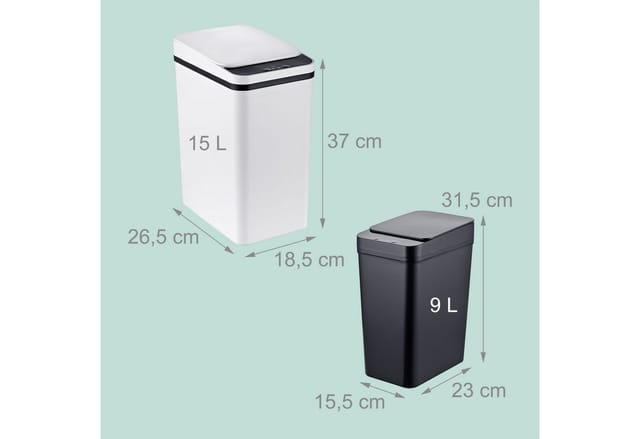 Relaxdays Mülleimer Sensor 2er Set, 9l & 15l, Elektrischer Deckel, Müllbeutelhalter, Pp, Abfalleimer Küche, Schwarz/weiß