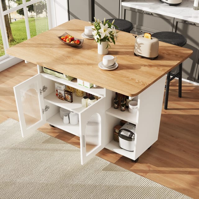 Mittelkücheninsel, Servierwagen Mit Klappbaren Ablagen, Multifunktionales Küchenmöbel Mit 2 Türen Und Regalböden, 120×30×79,5 Cm, Weiß