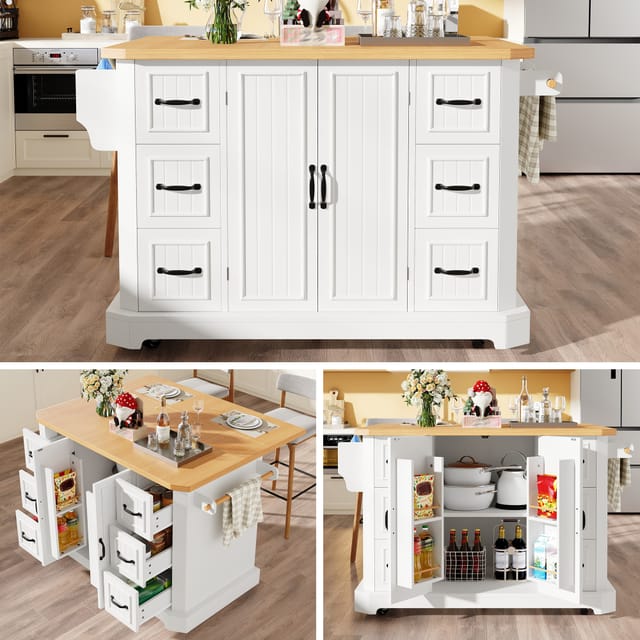 Servierwagen, Ausziehbare Mittelkücheninsel, Multifunktionales Küchenmöbel Mit 6 Schubladen + 2 Türen Mit Integrierten Regalböden, 120x45(75)x91 Cm, Weiß