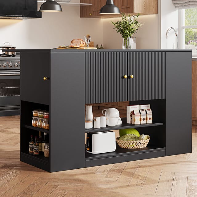 Mittelkücheninsel, Servierwagen Mit Klappbaren Ablagen, Multifunktionales Küchenmöbel Mit 2 Türen + Schubladen + Verstellbaren Regalböden, 140×40×90 Cm, Schwarz