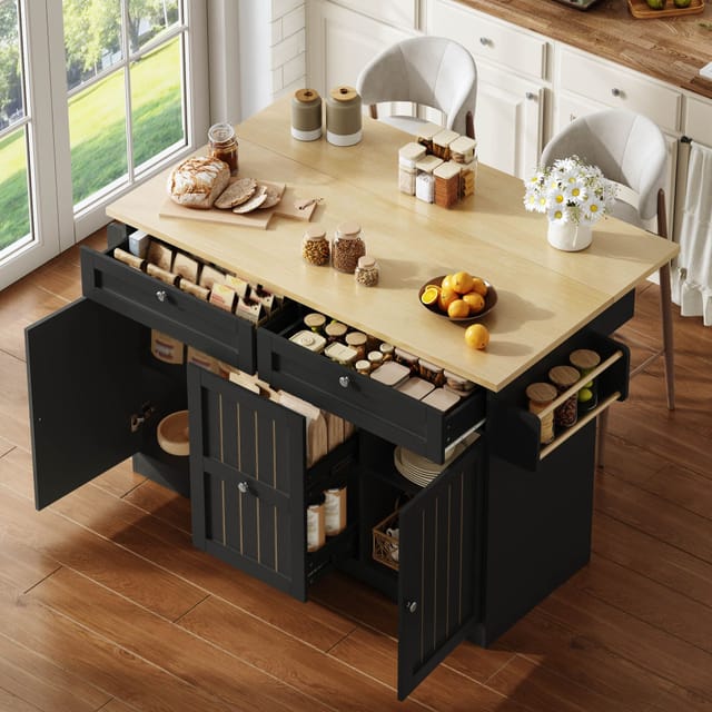 Mobile Kücheninsel 120×45(70)×92 Cm,klappbare Ablage,schubladen Und Arretierbare Rollen,schwarz