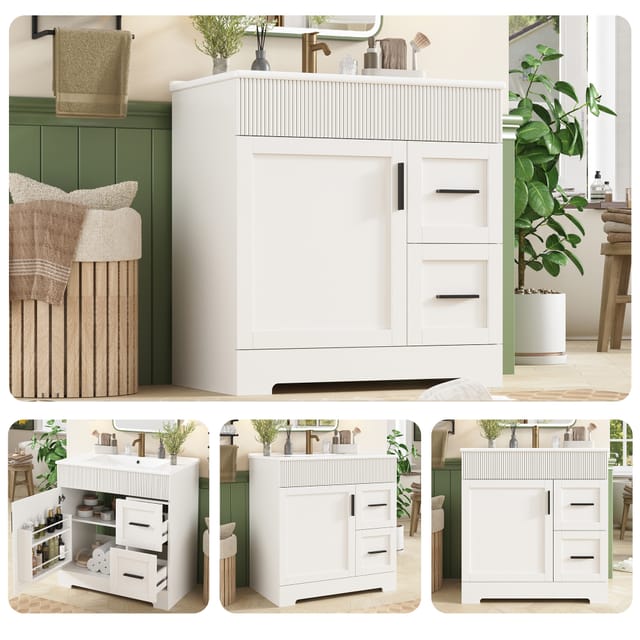 Moderner Badschrank Mit Waschbecken Und Aufbewahrung, Keramik-waschbecken Mit Metallscharnieren,inkl. Seitenregal & Doppelschubladen, Badezimmerschrank – Stabile, Geschwungene Basis Die Geschwungene B