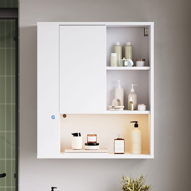 Sonni Badezimmerschrank Weiß, Mit Led-beleuchtung, 1 Tür Und Offenen Fächern, 600 × 230 × 700 Mm
