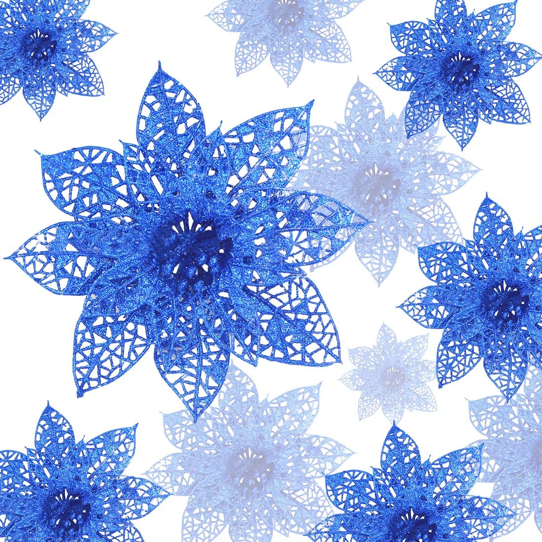 24-teiliges Set Glitzernder Weihnachtsstern-ornamente, Künstliche Weihnachtsblumen, Weihnachtsbaumschmuck, Weihnachtsfeier-dekoration, Weihnachtsbaumschmuck (blau)