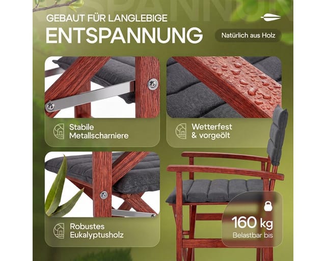 Casaria® Premium Regiestuhl Aus Fsc®-zertifiziertem Eukalyptusholz – Gepolsterter Klappstuhl Mit Armlehnen, Waschbarem Bezug & Extra Sitzkomfort, Bis 160 Kg Belastbar Anthrazit, 2
