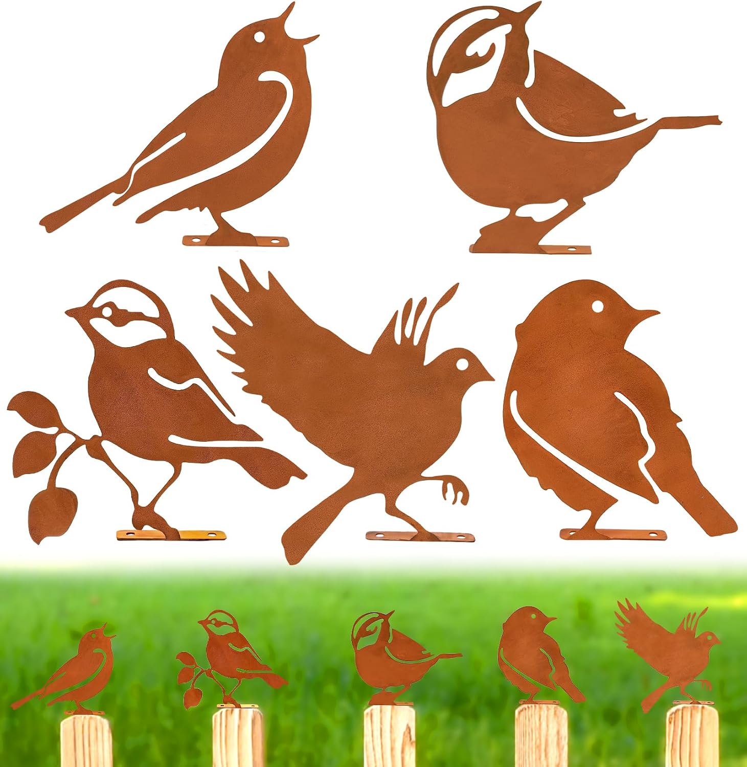 5-teilige Rostige Dekorative Vögel, Rostige Vogeldekoration, Geeignet Für Die Außendekoration In Gärten, Terrassen, Balkonen Und Heckenpfosten (rost)