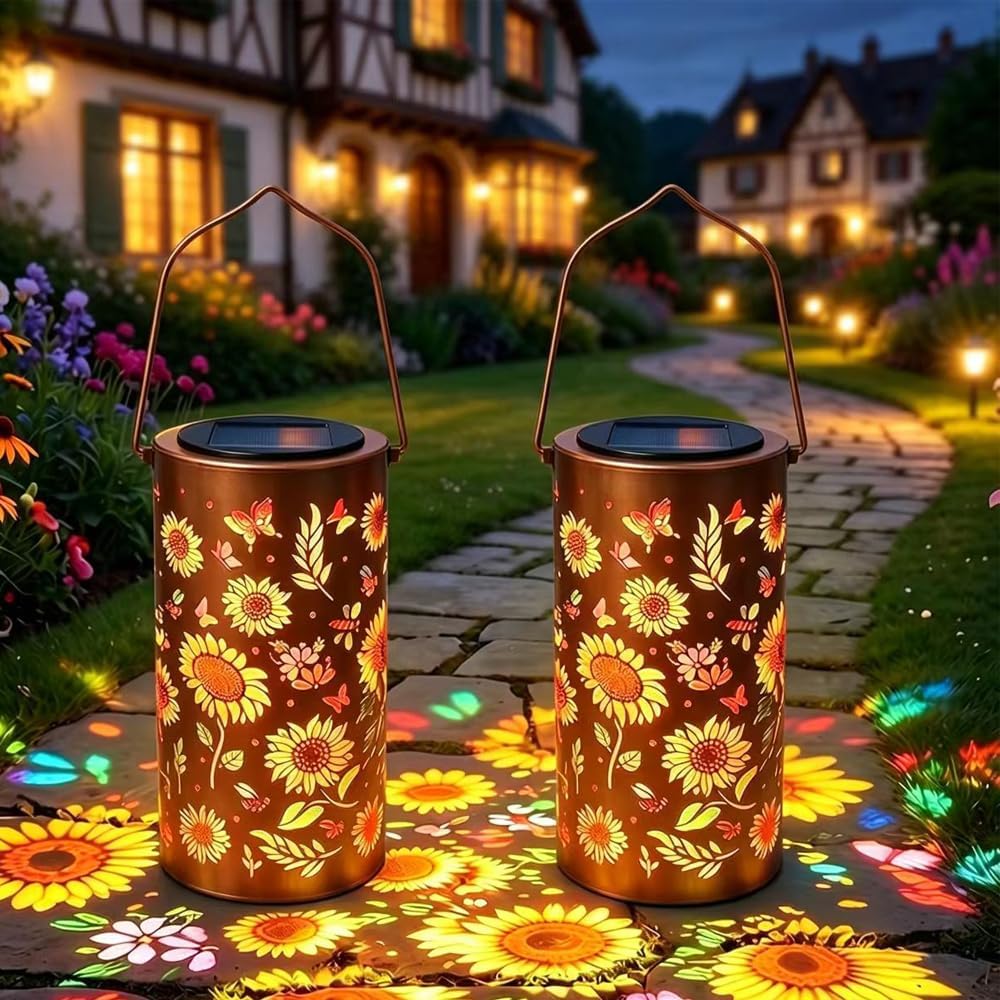 2 Stück Solarlaterne Für Den Außenbereich, Ip65 Wasserdichte Solarlaterne Für Den Garten, Sonnenblumen-hängegarten-dekolampe, Retro-metall-led-solarlampe Für Balkon, Terrasse, Büro, Rasen, Camping