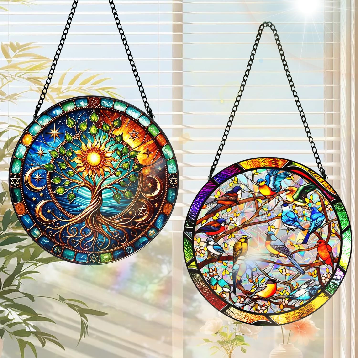 2 Stück Buntglas-sonnenfänger Zum Aufhängen, 20 Cm, Baum Des Lebens, Buntglas-sonnenfänger, Kolibri-sonnenfänger, Acryl-sonnenfänger Mit Hängekette Für Fenster, Terrasse, Wand, Garten