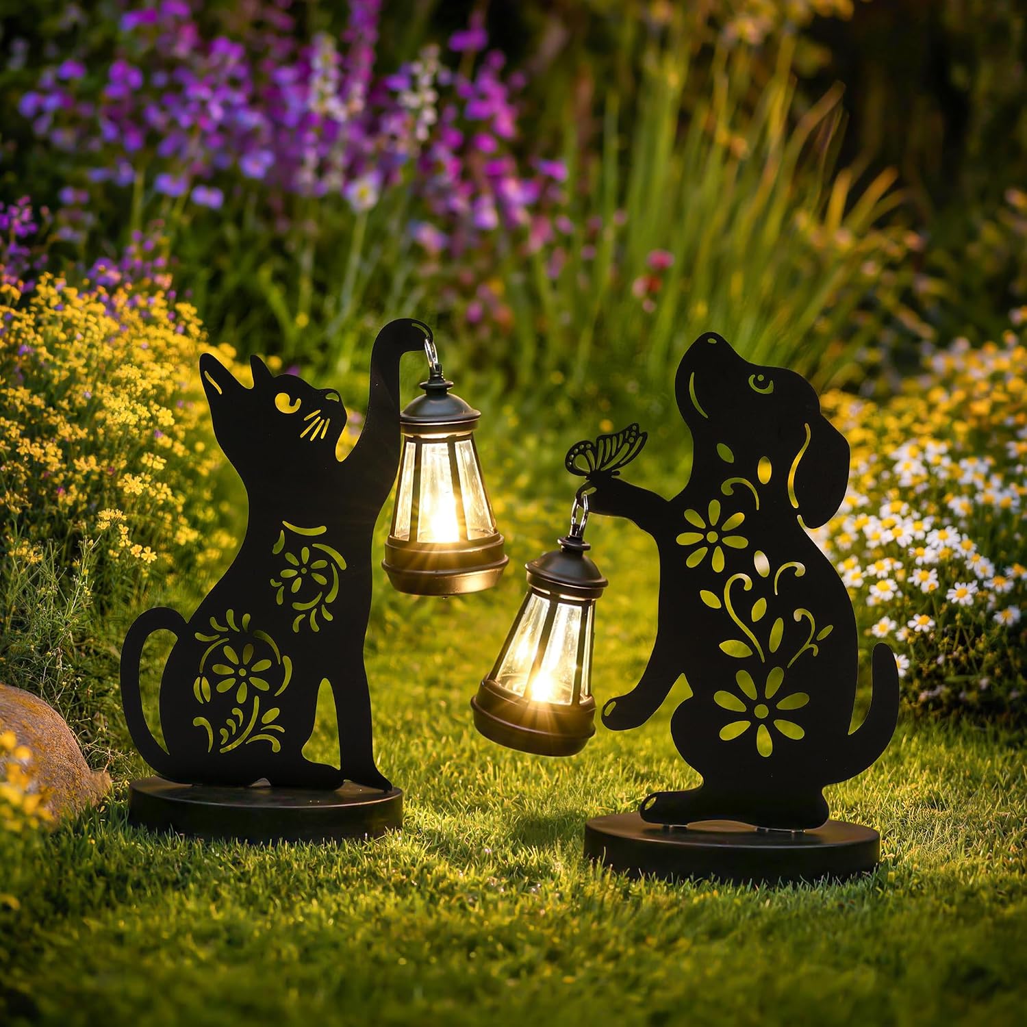 Hunde- Und Katzenstatuen Aus Eisen Für Den Garten, Außendekorationen Mit Solarbeleuchtung, Wasserdichte Gartenstatuen Für Terrasse Und Hof, Originelle Geschenke Für Mama (2er-set)