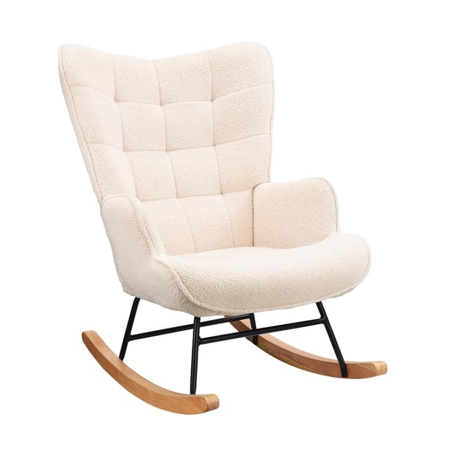 Schaukelstuhl, Lounge-sessel, Gestell Aus Massivholz Und Metall - Mit Hoher Rückenlehne, Plüschstoff (beige)