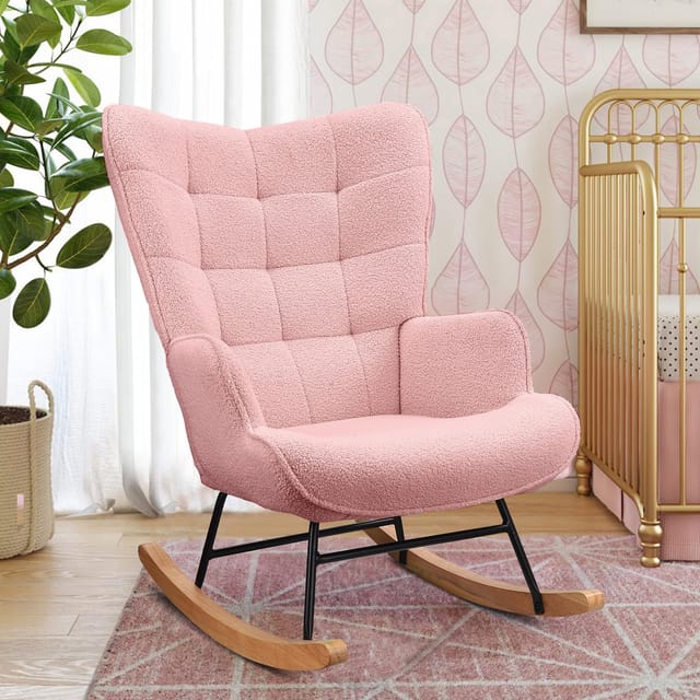 Schaukelstuhl, Lounge-sessel, Gestell Aus Massivholz Und Metall - Mit Hoher Rückenlehne, Plüschbezug (rosa)