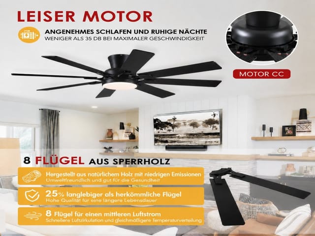 Kviflon Flacher Deckenventilator Mit 8 Flügeln Schwarz 132 Cm Mit Led Und Leisem Dc-motor