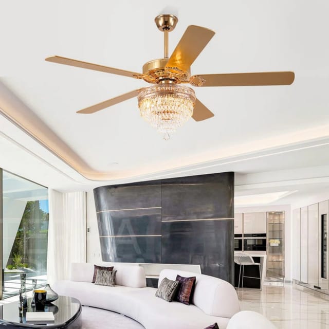 Kviflon Deckenventilator Mit Kristallleuchte Goldfarben 157 Cm Mit Fernbedienung Und Kristallleuchte
