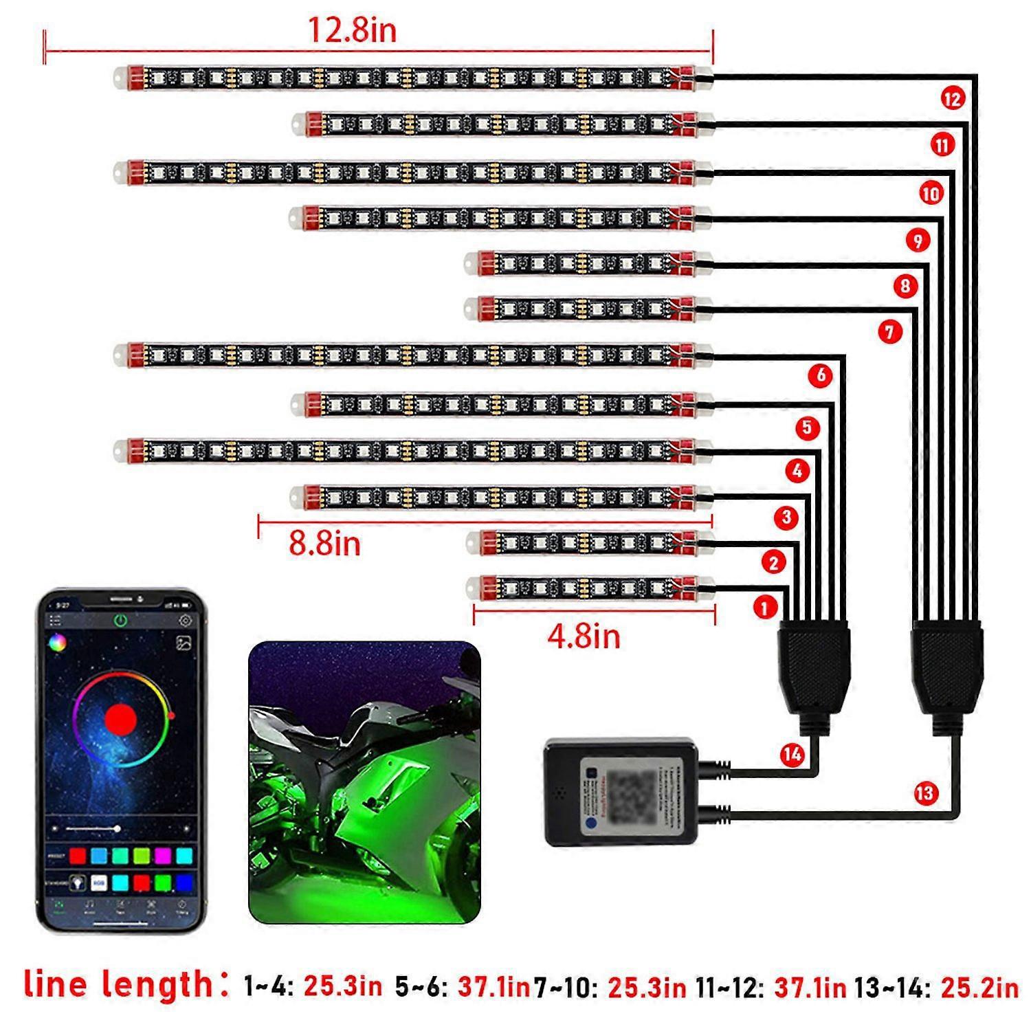 12-teiliges Motorrad-led-lichtset, Farbenfrohe Led-lichtleisten Mit App-steuerung, Ip65 Wasserdicht