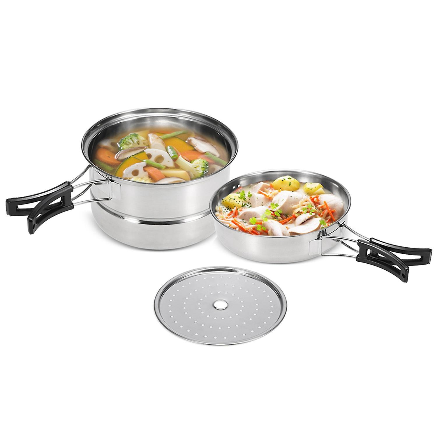 3-teiliges Camping-kochgeschirr-set: Edelstahl-topf, Bratpfanne, Dampfgarer
