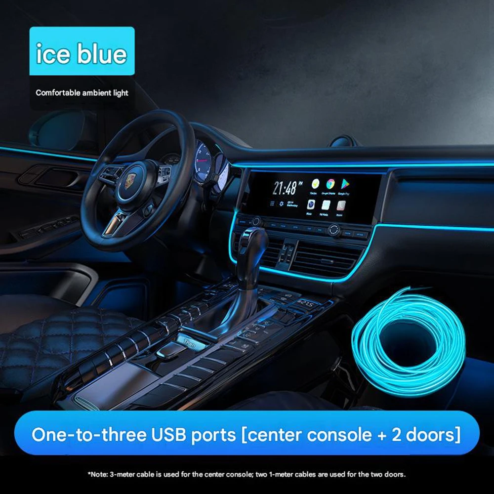 Usb-led-ambientebeleuchtungsset Für Autos – Dekorativer Neon-lichtstreifen Für Den Innenraum Der Mittelkonsole Und 2 Türen, 1 Set, Eisblau
