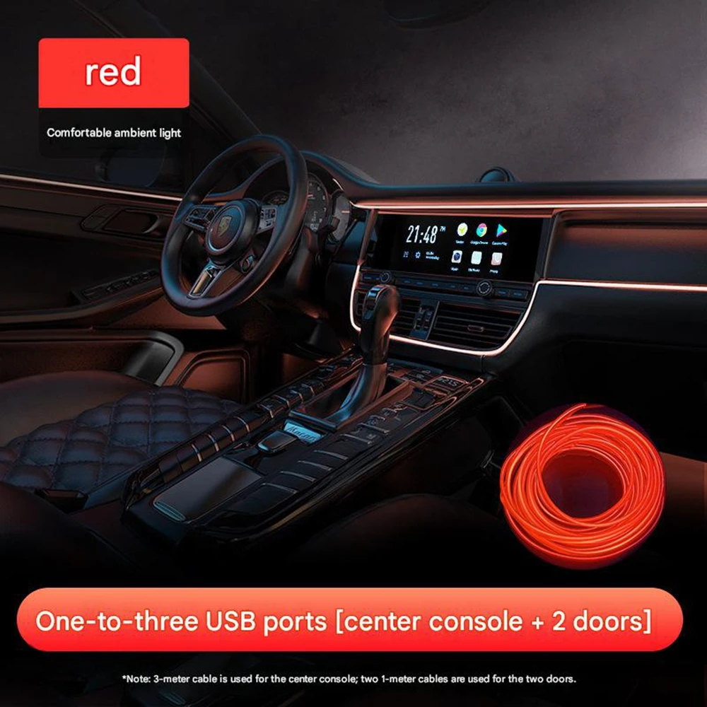 Usb-led-ambientebeleuchtungsset Für Autos – Innenraum-lichtleiste Für Mittelkonsole Und Türen, Keine Verkabelung Erforderlich, 1 Bis 3 Leds, Rot