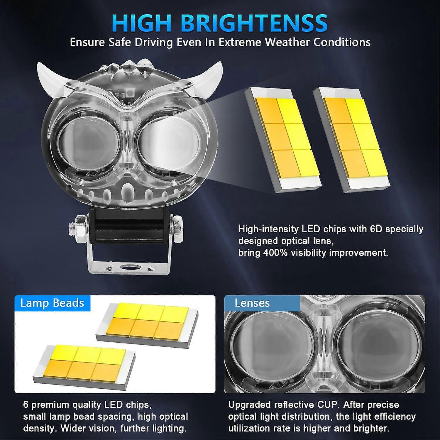 Motorrad-fahrscheinwerfer, 60 W, 6000 K/3000 K/4500 K, Superhelle Led-scheinwerfer, Wasserdichte Nebelscheinwerfer