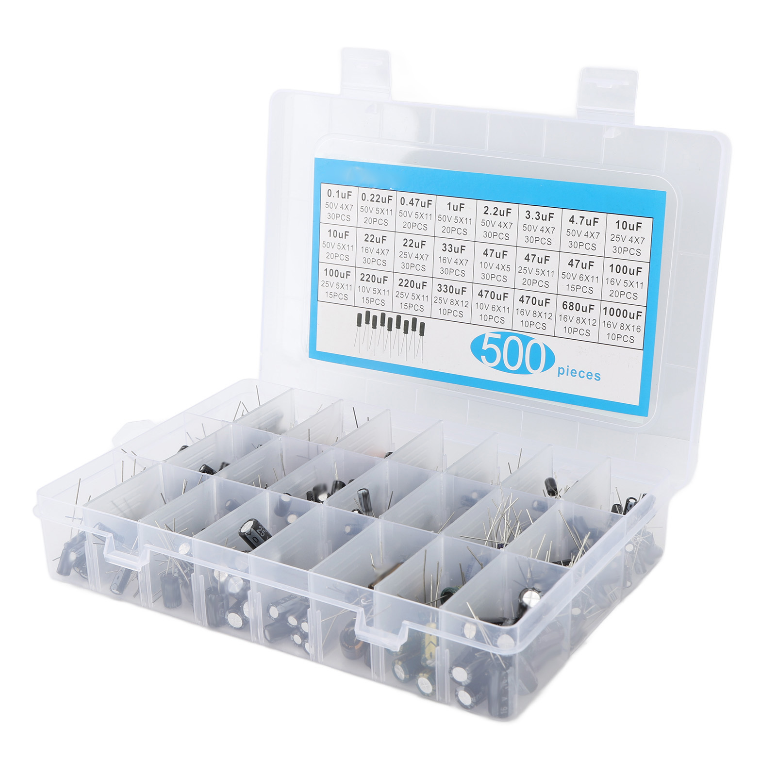 500 Stück Elektrolytkondensatoren 0,1 Μf–1000 Μf 16 V–50 V, 24 Werte, Aluminium-kondensatoren-sortiment