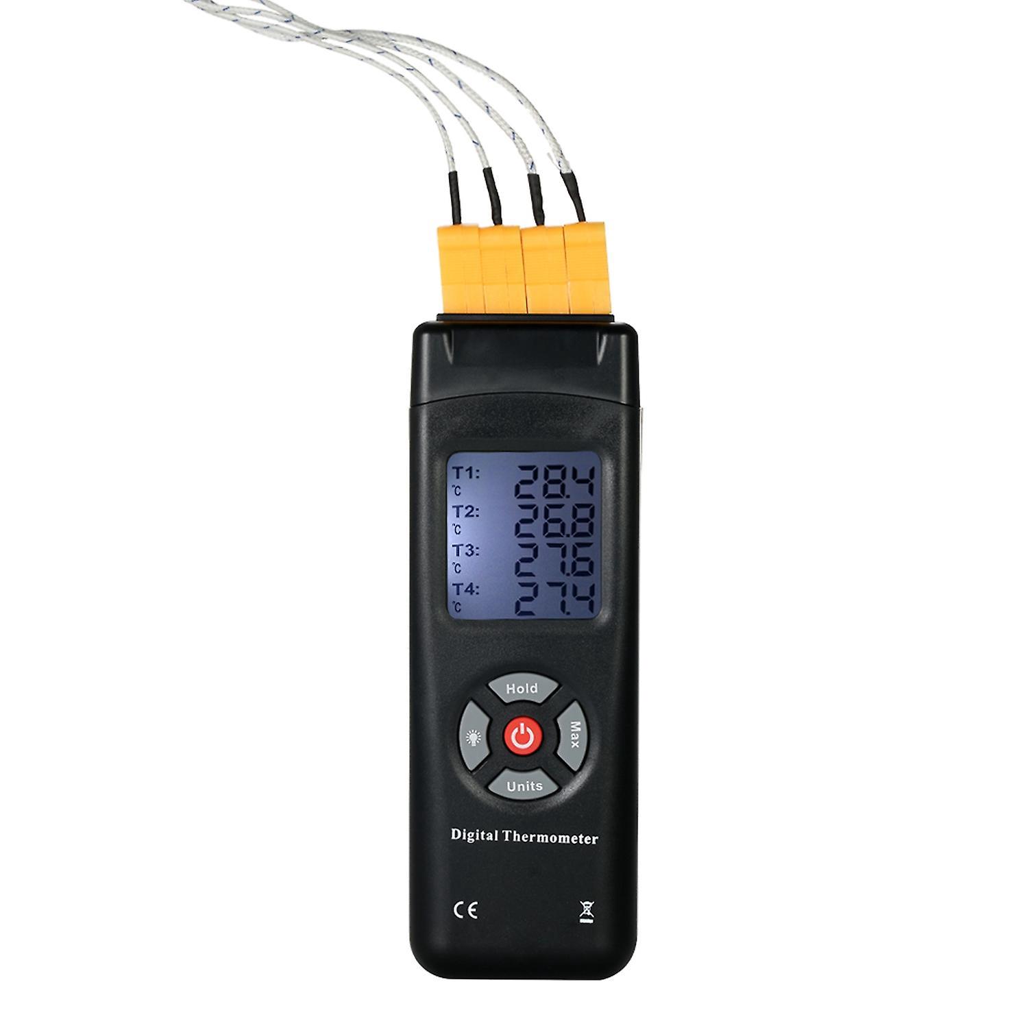 Digitales 4-kanal-lcd-thermometer Mit Thermoelementsensor Typ K, -501350°c/-582462°f Und Datenhaltefunktion.