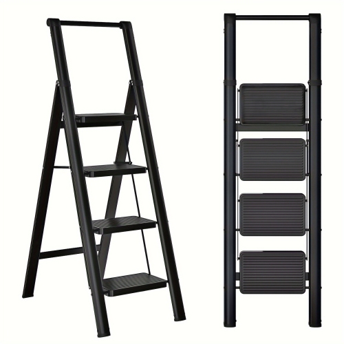 Klapptritt 4 Stufen Tritthocker Aus Stahl, Klappbar Mit Breiten Stufen, Ergonomischem Design Und Rutschfesten Füßen, Schwarz